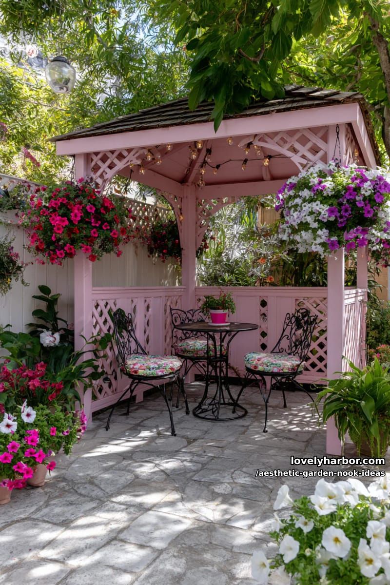15 Aesthetic Garden Nook Ideas to Inspire Your Outdoor Escape 43 pink lattice gazebo with twinkling lights and cascading petunias 1