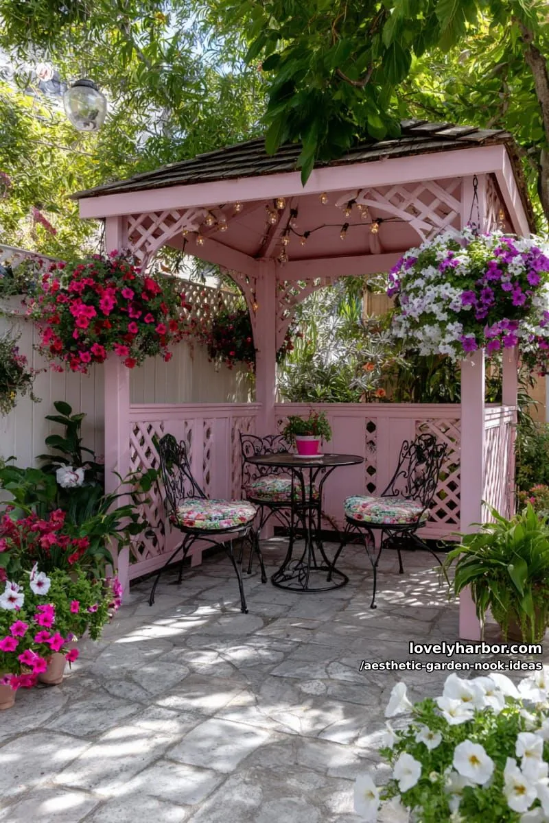15 Aesthetic Garden Nook Ideas to Inspire Your Outdoor Escape 42 pink lattice gazebo with twinkling lights and cascading petunias 1