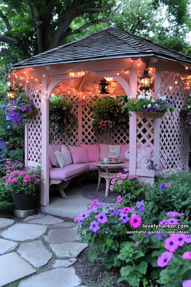 15 Aesthetic Garden Nook Ideas to Inspire Your Outdoor Escape 43 pink lattice gazebo with twinkling lights and cascading petunias 1