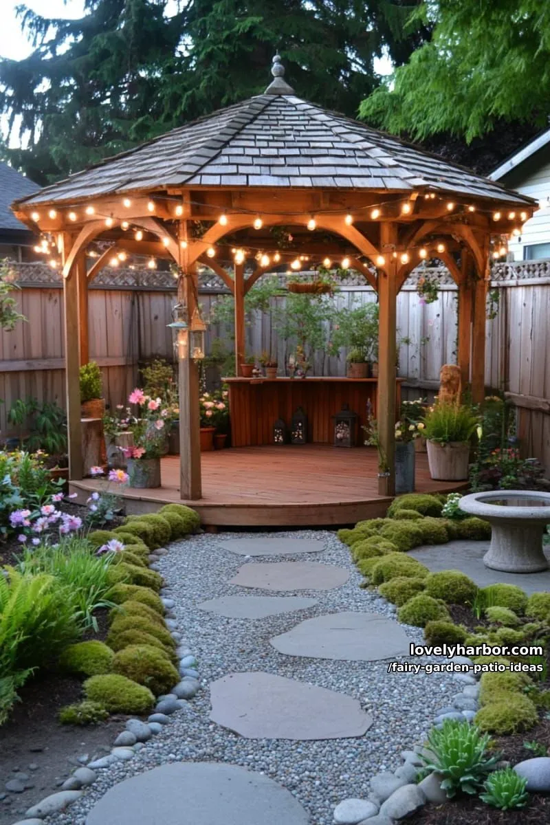 15 Enchanting Fairy Garden Patio Ideas to Inspire Your Space 35 place a rustic fairy gazebo with string lights and pebble flooring. 1