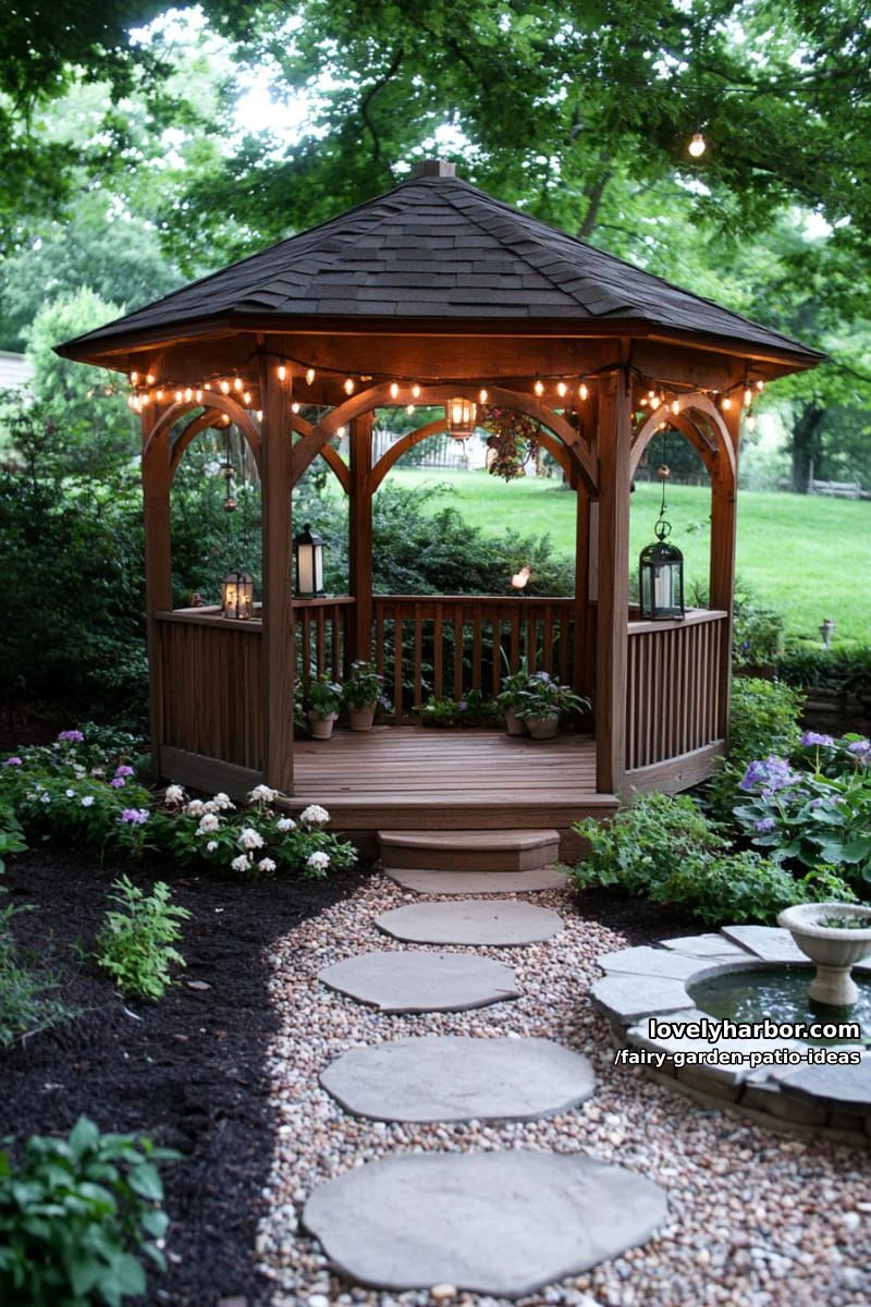 place a rustic fairy gazebo with string lights and pebble flooring. 1