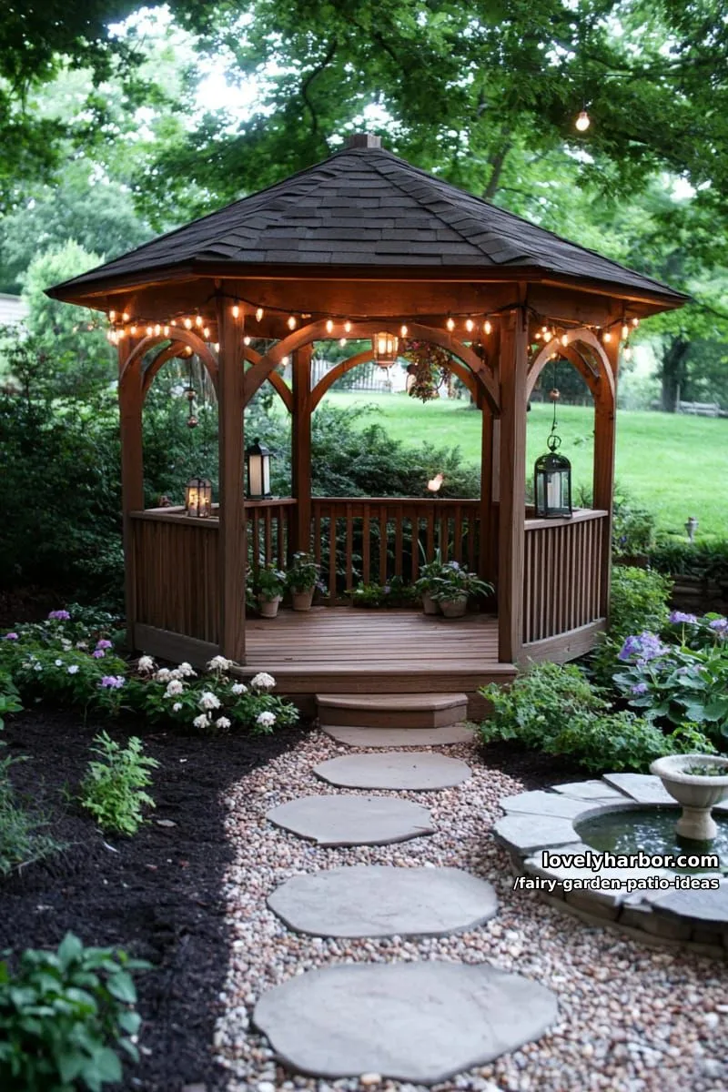 15 Enchanting Fairy Garden Patio Ideas to Inspire Your Space 36 place a rustic fairy gazebo with string lights and pebble flooring. 1