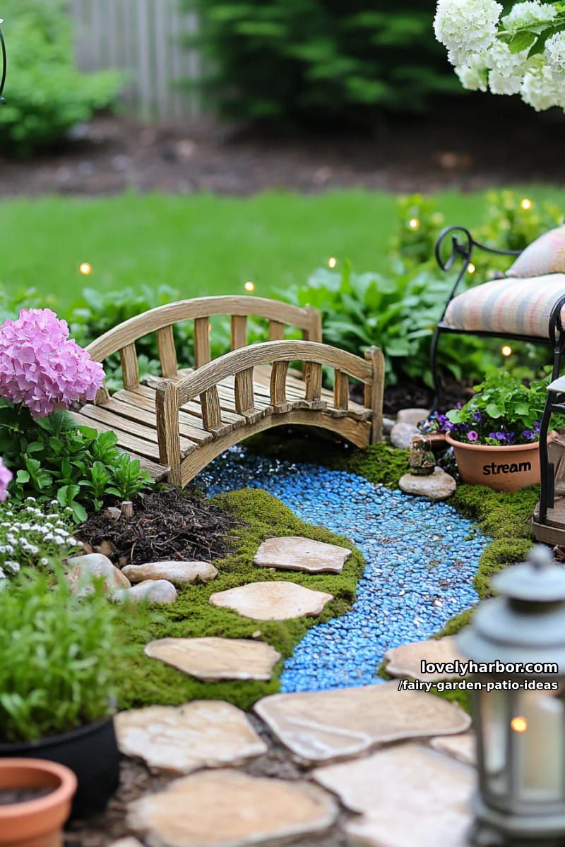 place a tiny wooden bridge over a blue pebble “stream” in your garden. 1