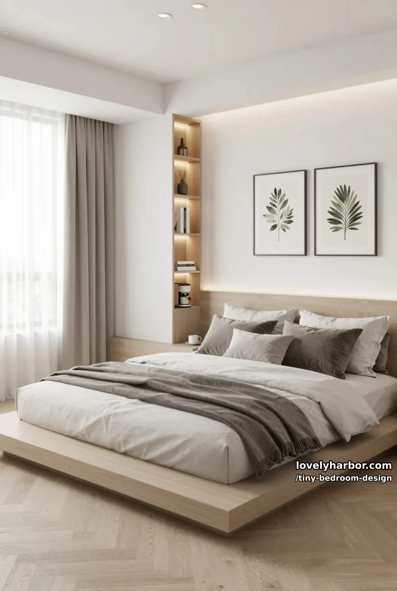 platform bed bedroom with built-in shelves, botanical prints, and coffee station. 1