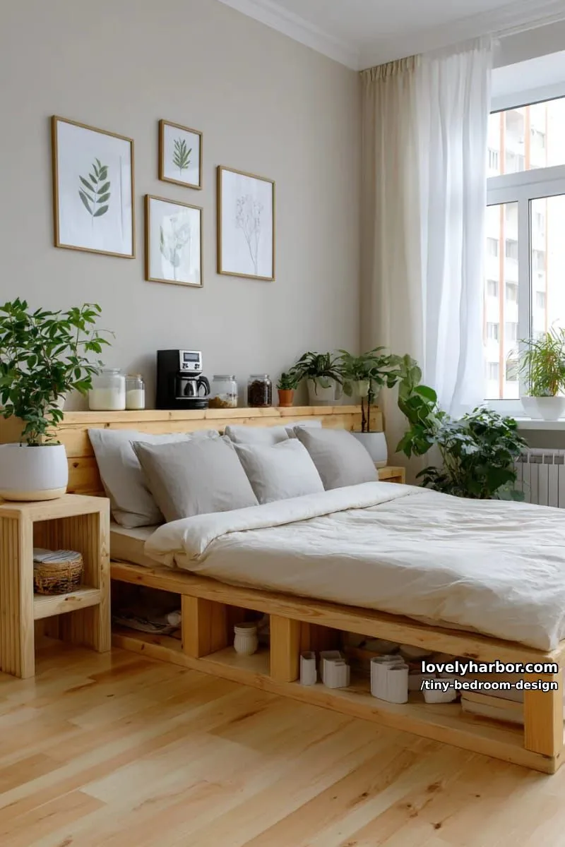 platform bed bedroom with built-in shelves, botanical prints, and coffee station. 1