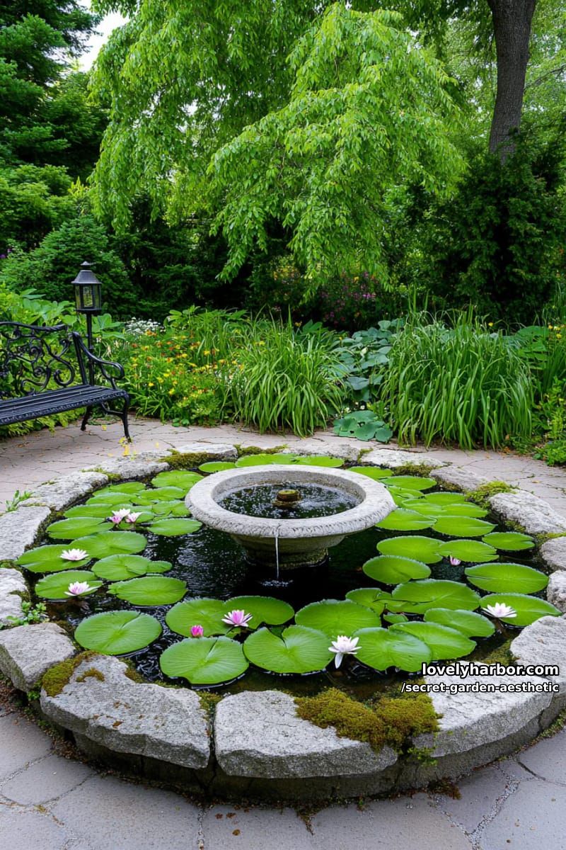 pond with floating lily pads and a single weathered stone fountain 1