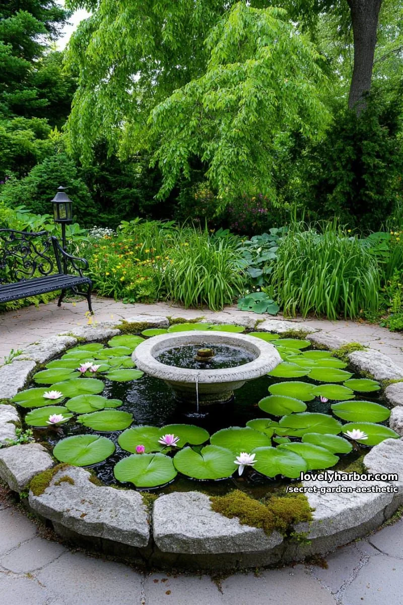 15 Secret Garden Inspirations for a Lush Backyard Retreat 29 pond with floating lily pads and a single weathered stone fountain 1