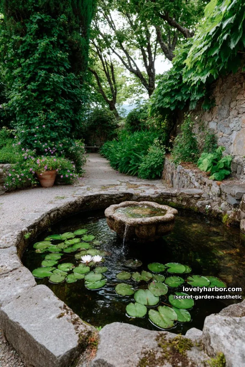 15 Secret Garden Inspirations for a Lush Backyard Retreat 30 pond with floating lily pads and a single weathered stone fountain 1