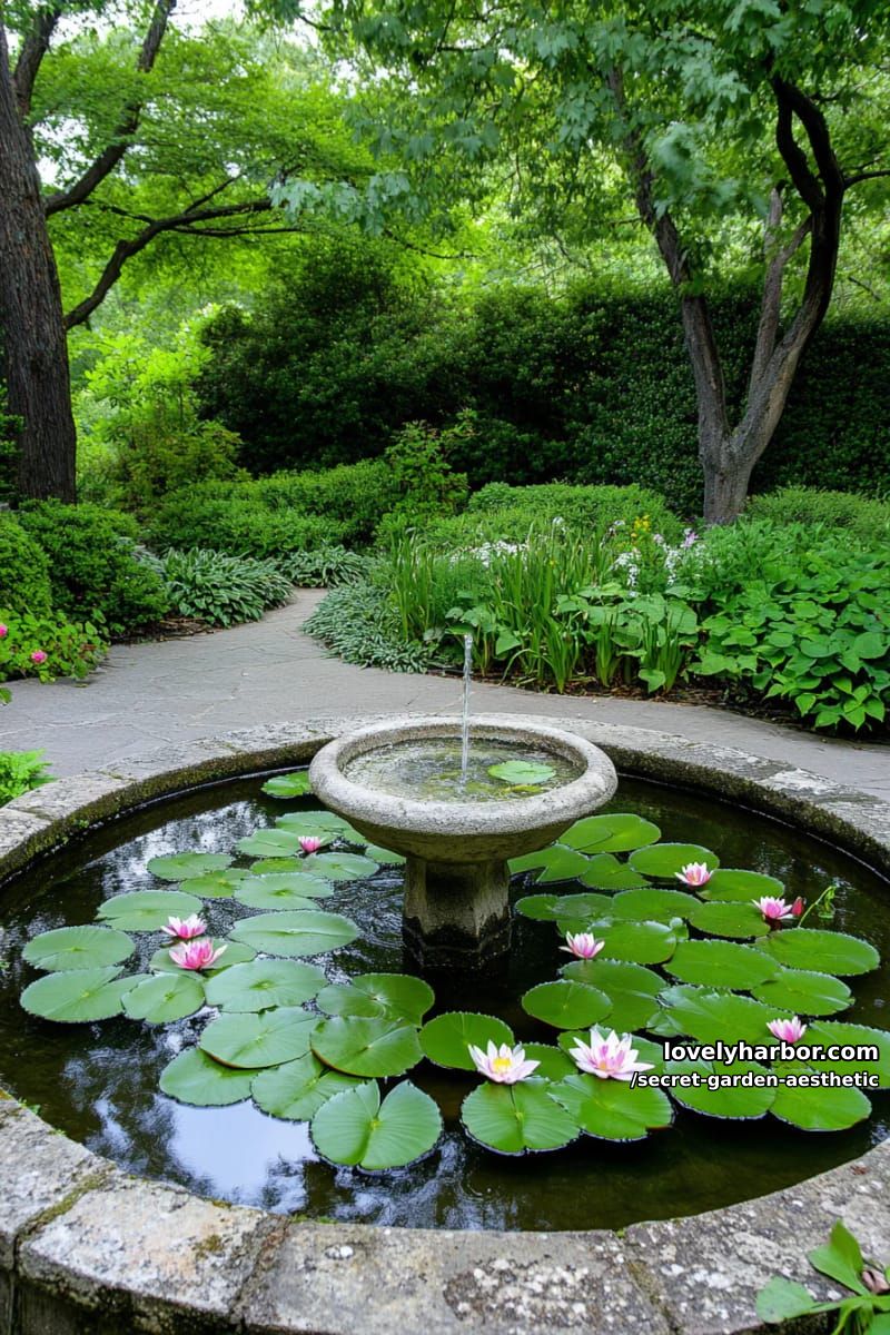 pond with floating lily pads and a single weathered stone fountain 1