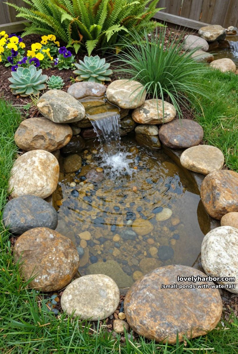 pond with waterfall, smooth stones, succulents, and ornamental grasses. 1