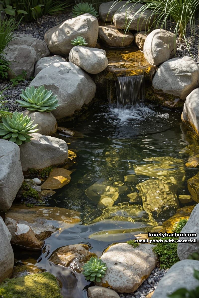 pond with waterfall, smooth stones, succulents, and ornamental grasses. 1