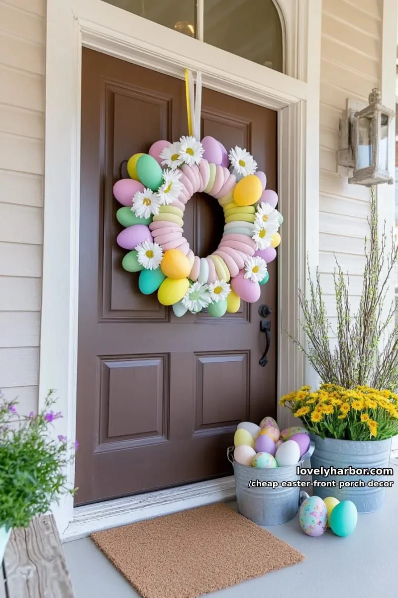 15 Cheap Easter Front Porch Decor Ideas On A Budget 21 pool noodle wreath wrapped in pastel fabric scraps and faux daisies 1