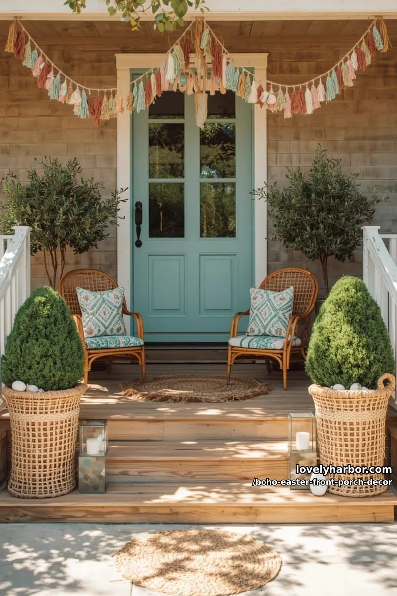 potted olive trees flanked by boho tassel garlands and egg topiaries 1