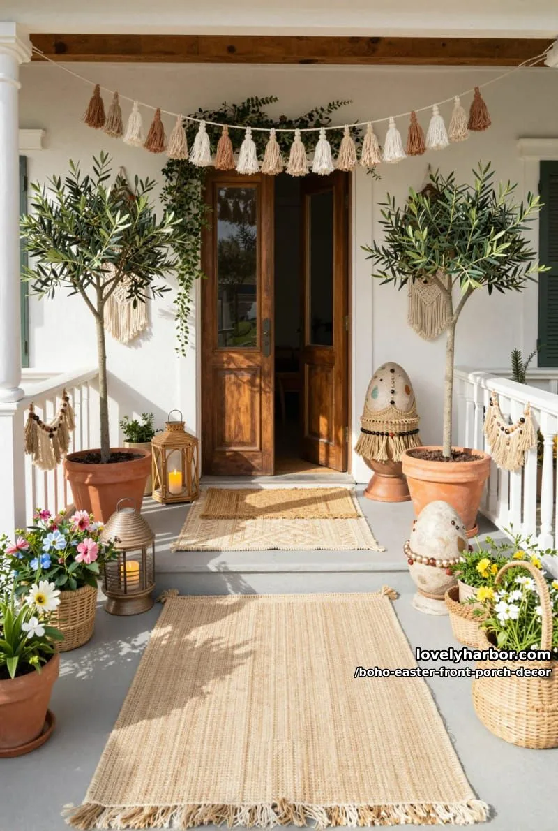 potted olive trees flanked by boho tassel garlands and egg topiaries 1
