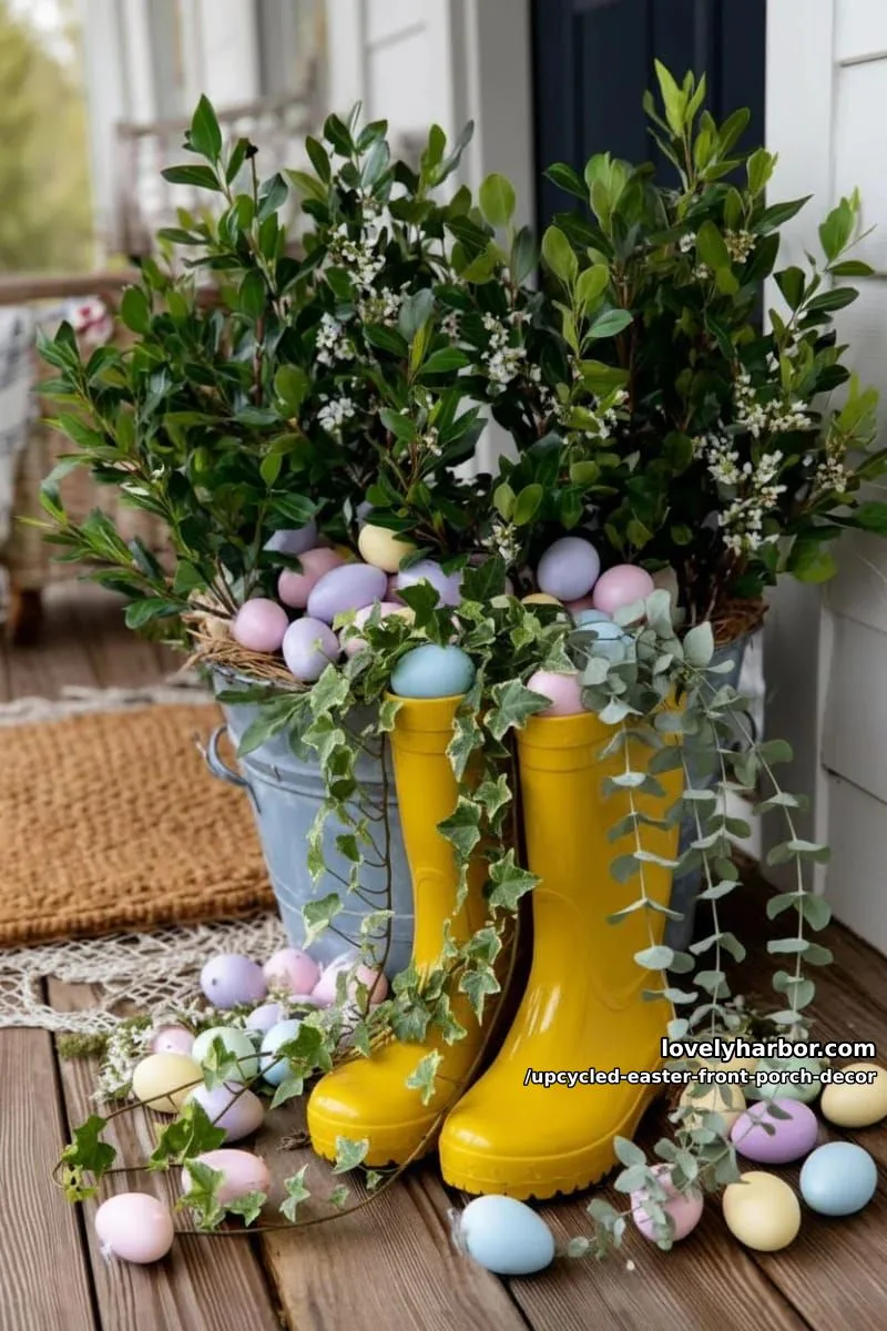 rain boots planter overflowing with pastel faux easter eggs and greenery 1