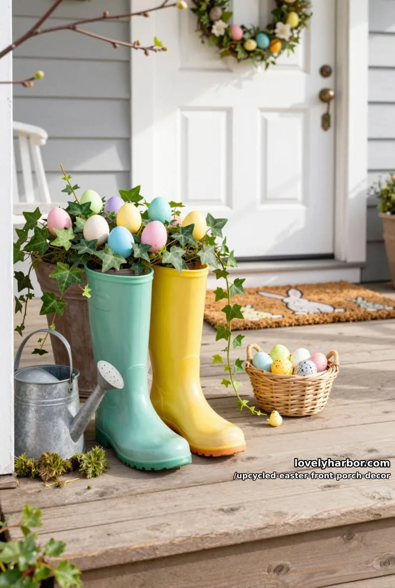 rain boots planter overflowing with pastel faux easter eggs and greenery 1