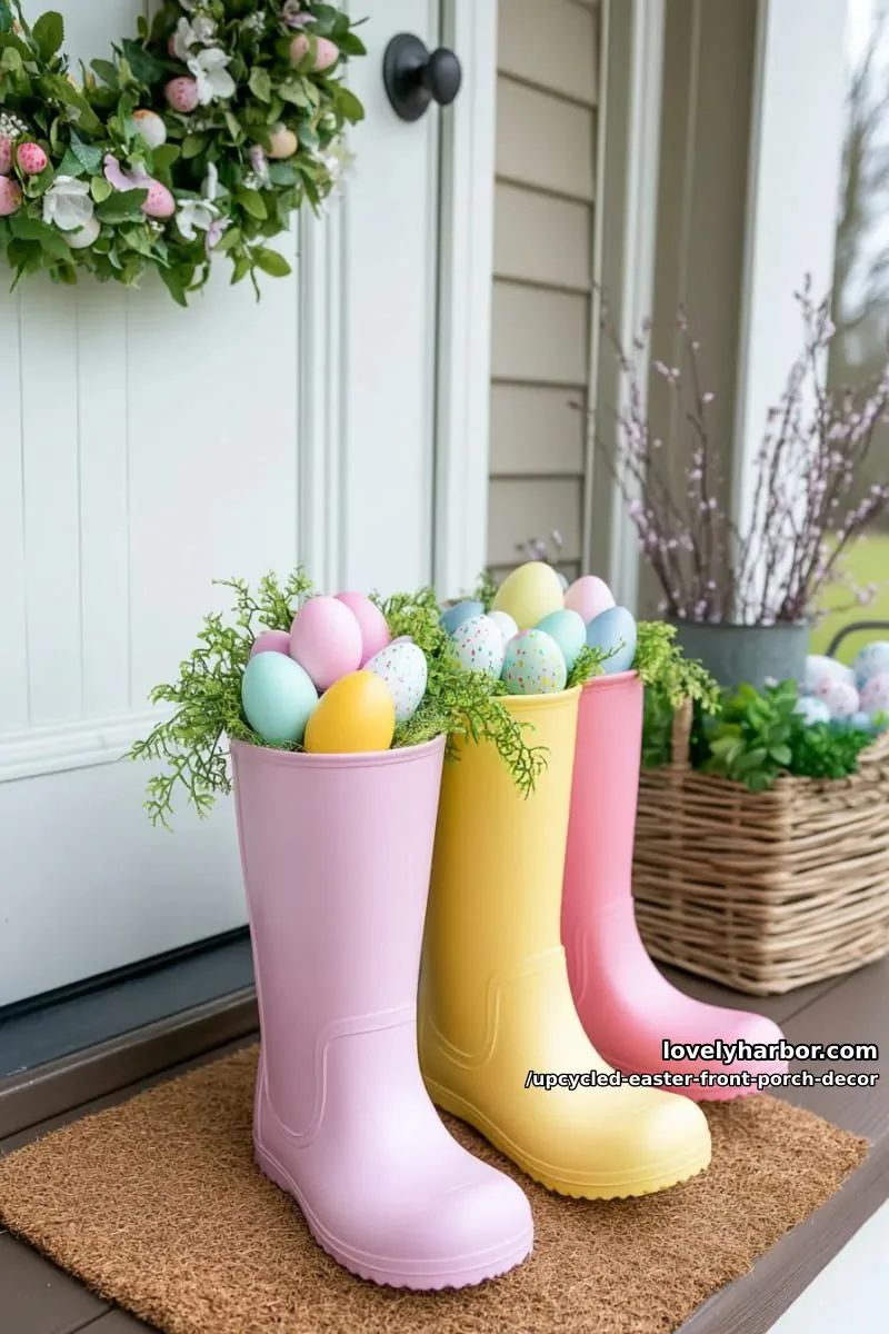 rain boots planter overflowing with pastel faux easter eggs and greenery 1