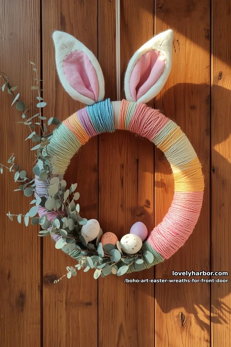 15 Boho Art Easter Wreaths for an Inviting Front Door 8 rainbow yarn-wrapped ring with felted bunny ears and dried eucalyptus sprigs 1