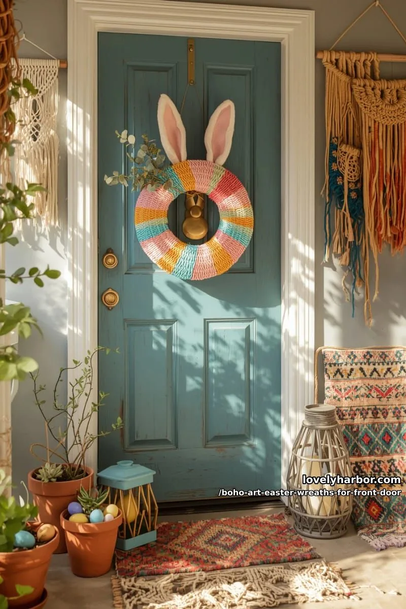 15 Boho Art Easter Wreaths for an Inviting Front Door 9 rainbow yarn-wrapped ring with felted bunny ears and dried eucalyptus sprigs 1