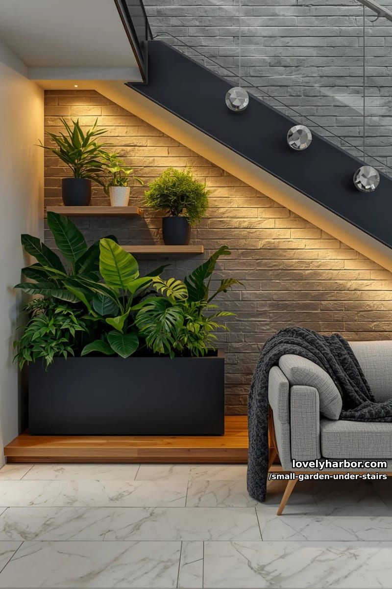 raised black planter with tropical plants, floating wall shelves, and ambient lighting. 1