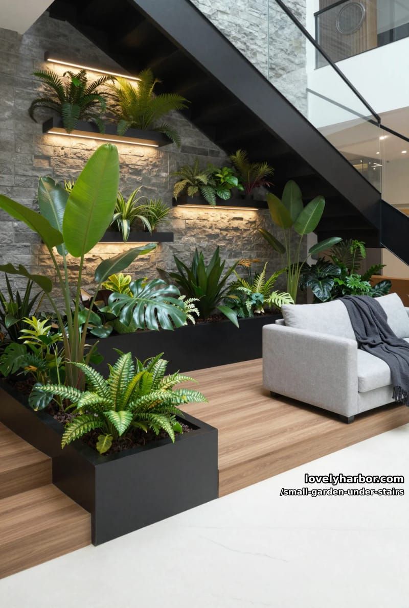 raised black planter with tropical plants, floating wall shelves, and ambient lighting. 1