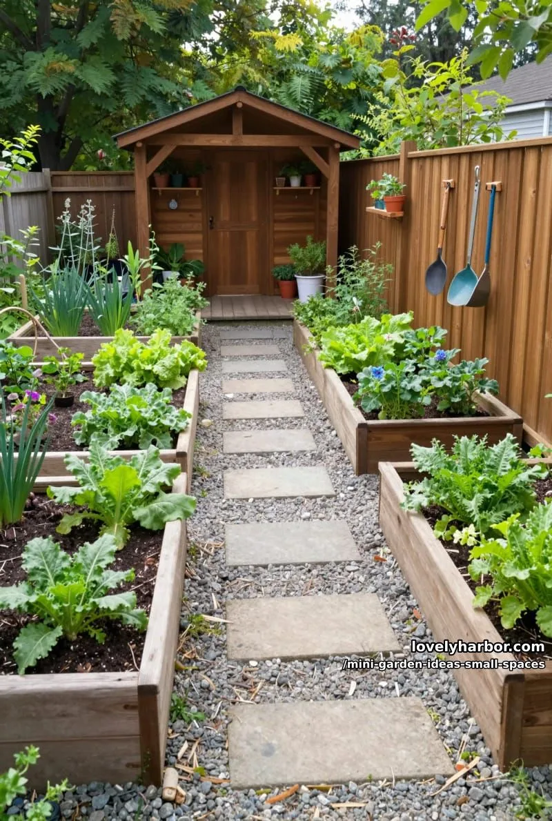 20 Mini Garden Ideas For Small Spaces 21 raised garden beds with vegetables, herbs, and a wooden shed. 1