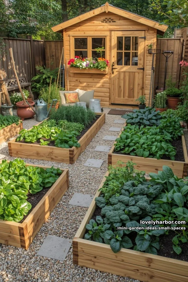 20 Mini Garden Ideas For Small Spaces 22 raised garden beds with vegetables, herbs, and a wooden shed. 1