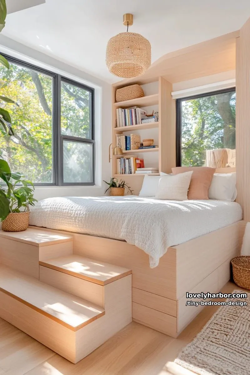 raised platform bed with built-in storage, curved steps, and open shelving. 1