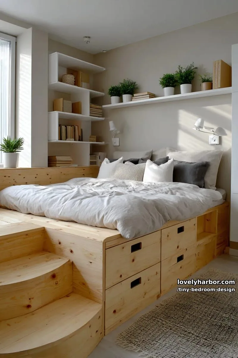 raised platform bed with built-in storage, curved steps, and open shelving. 1