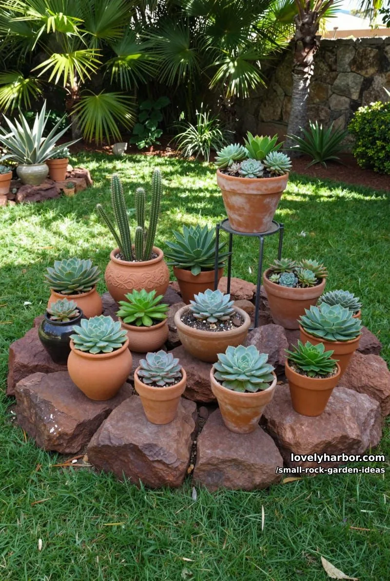 raised rock bed with pots of succulents and cacti, bordered by lawn. 1