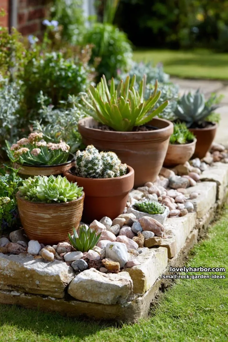 raised rock bed with pots of succulents and cacti, bordered by lawn. 1