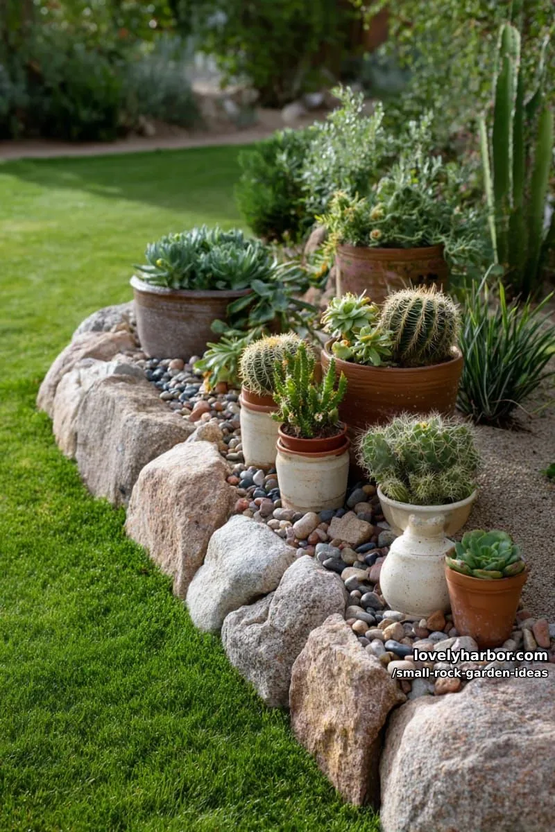 raised rock bed with pots of succulents and cacti, bordered by lawn. 1