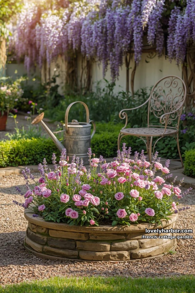 raised stone flower bed with lavender and roses, gravel paths, and wisteria 1