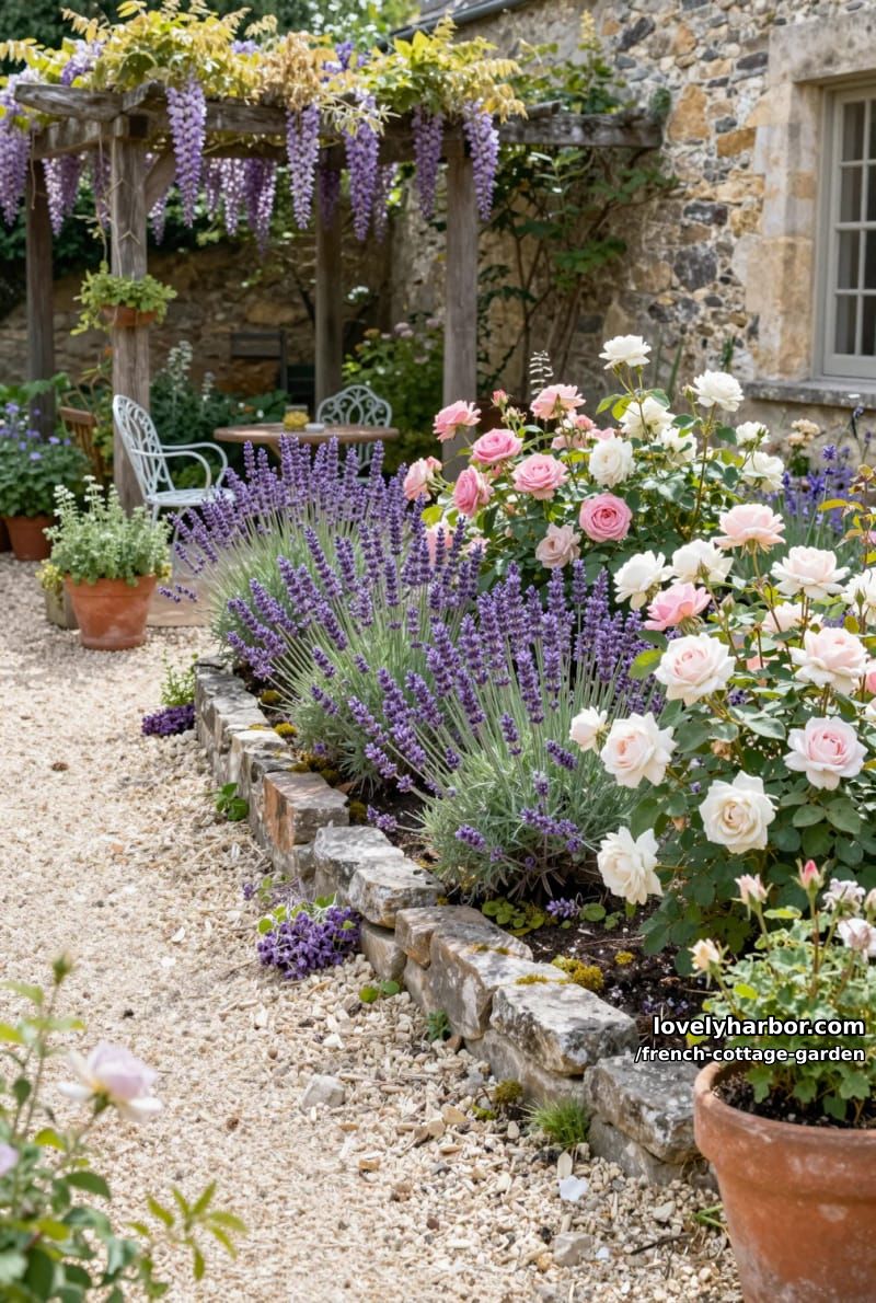raised stone flower bed with lavender and roses, gravel paths, and wisteria 1