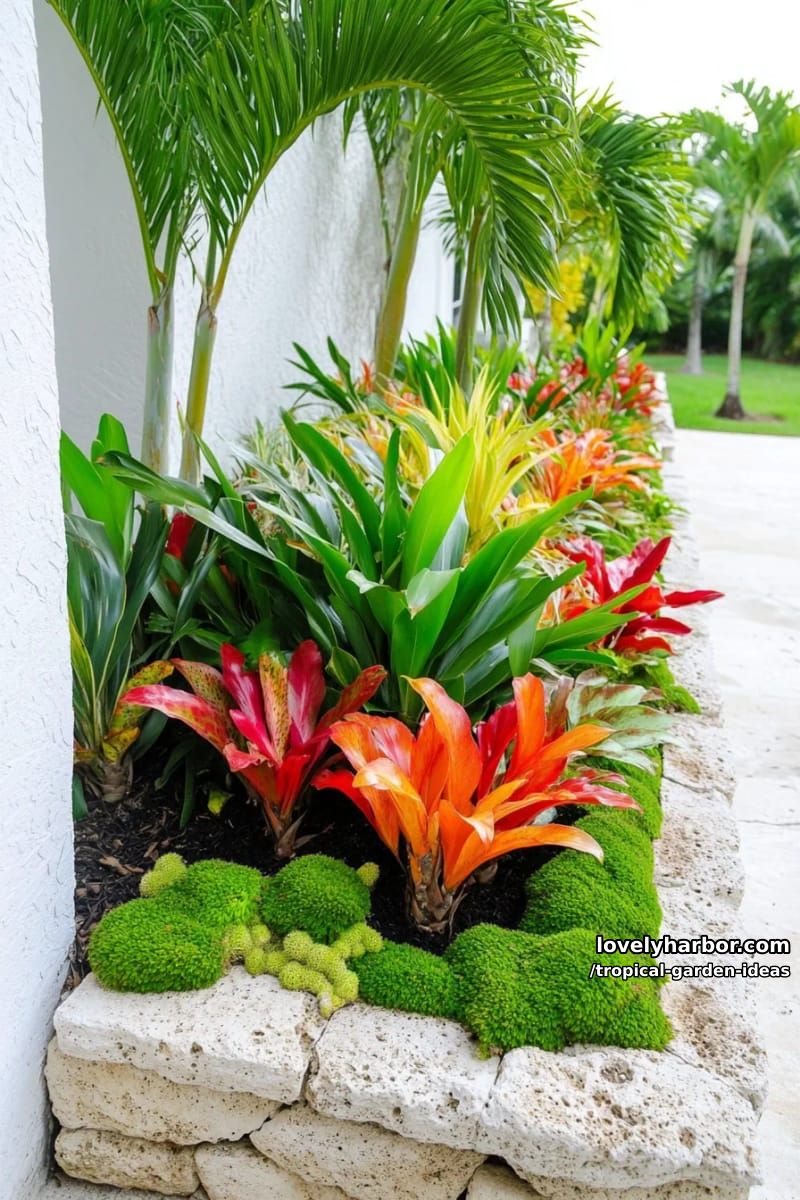 raised tropical garden bed with moss, bromeliads, and palm trees. 1