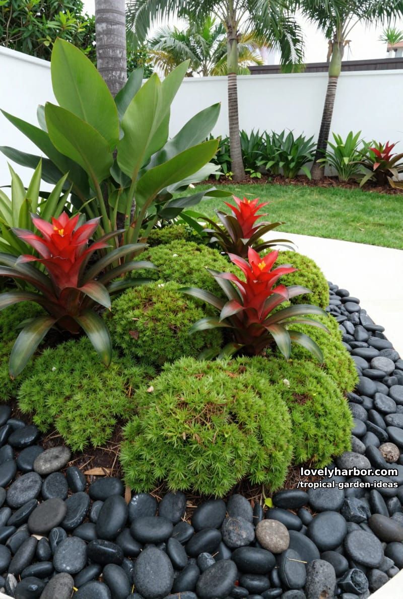 raised tropical garden bed with moss, bromeliads, and palm trees. 1