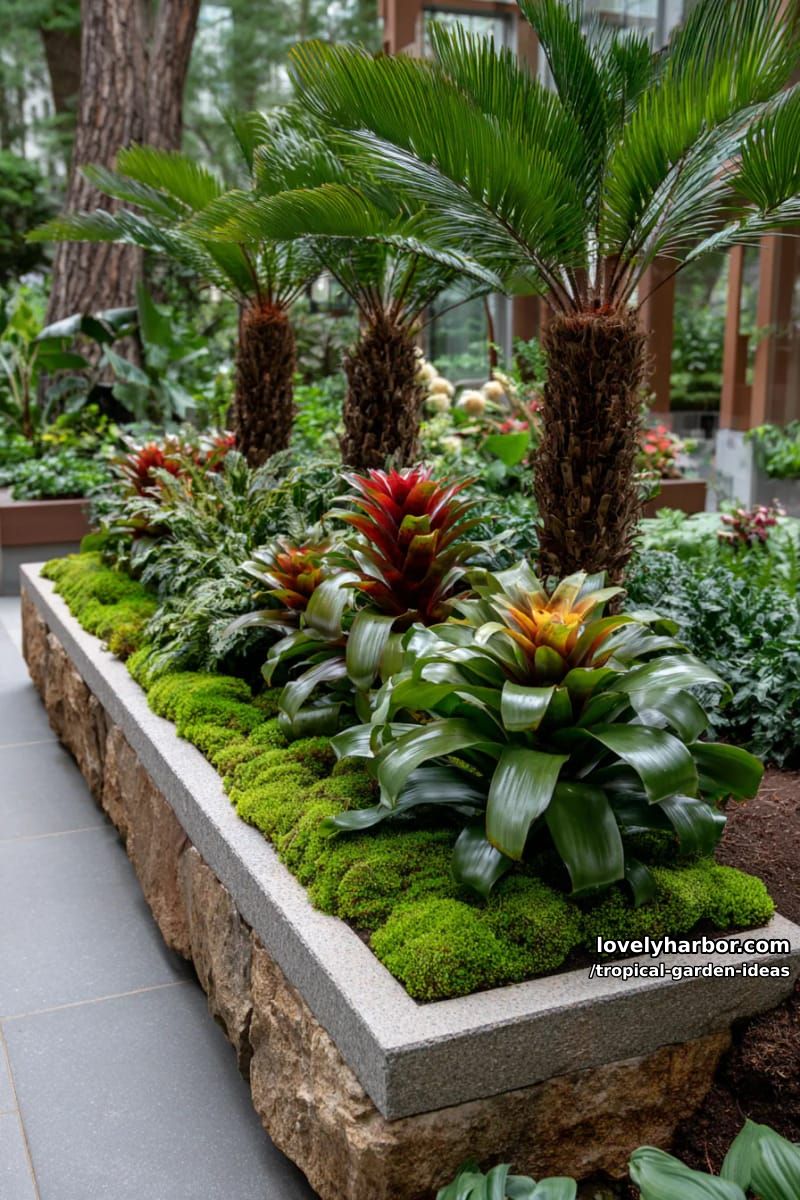 raised tropical garden bed with moss, bromeliads, and palm trees. 1