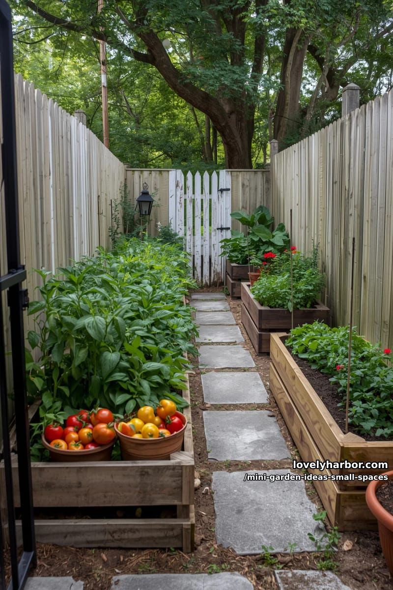 raised vegetable garden beds with wooden planters and lush green plants. 1