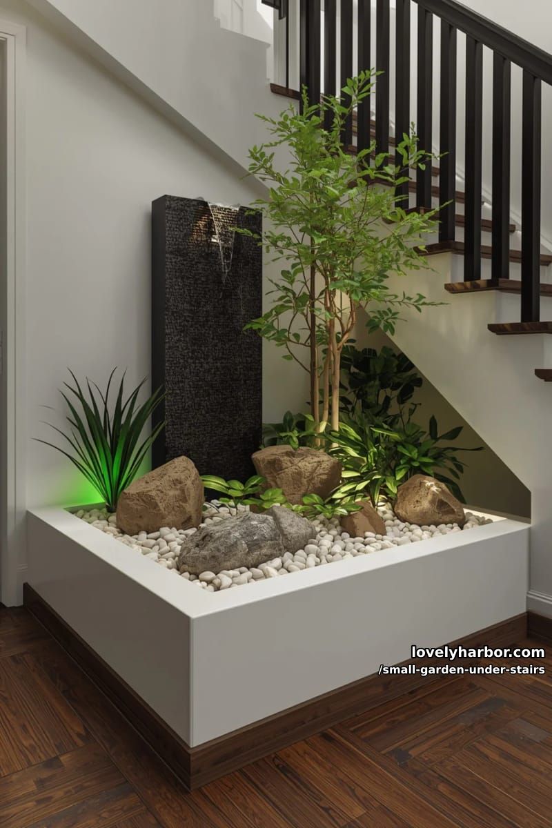 raised white planter with artificial tree, river rocks, and vertical water fountain. 1