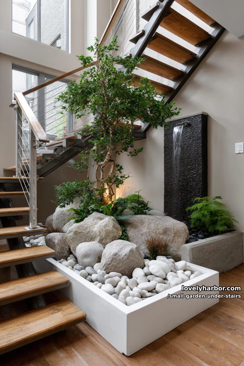raised white planter with artificial tree, river rocks, and vertical water fountain. 1