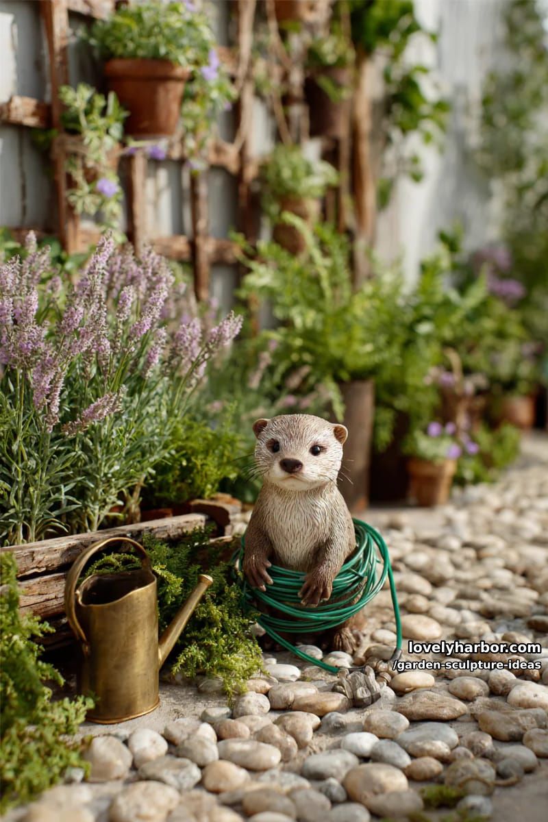 realistic stone otter statue holding garden hose on pebble pathway. 1