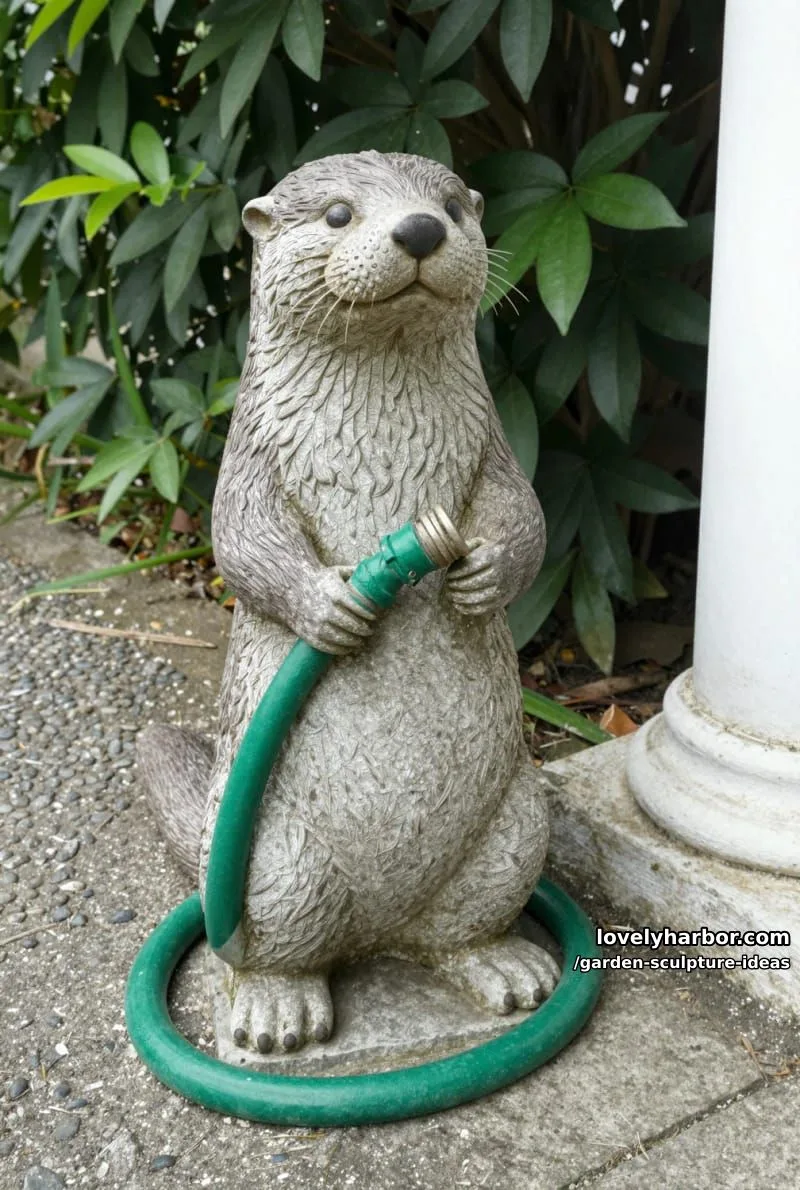 realistic stone otter statue holding garden hose on pebble pathway. 1