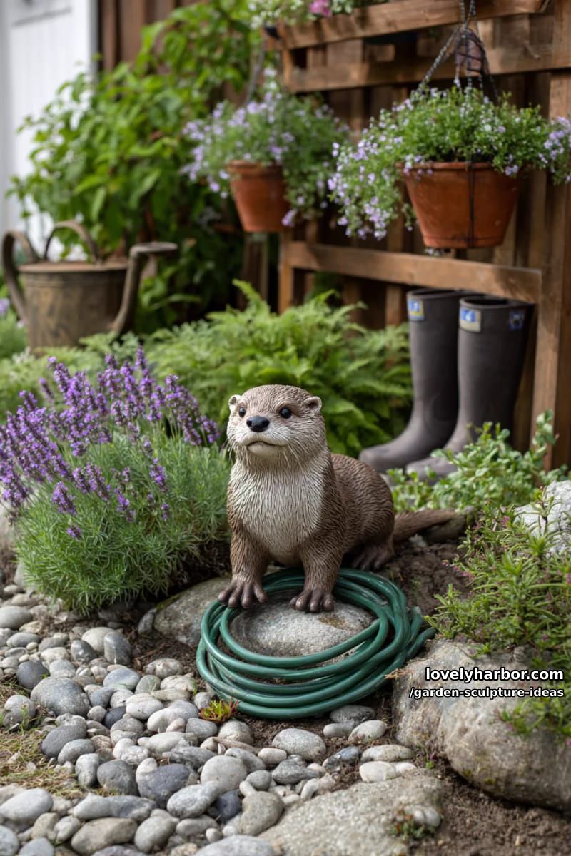 realistic stone otter statue holding garden hose on pebble pathway. 1