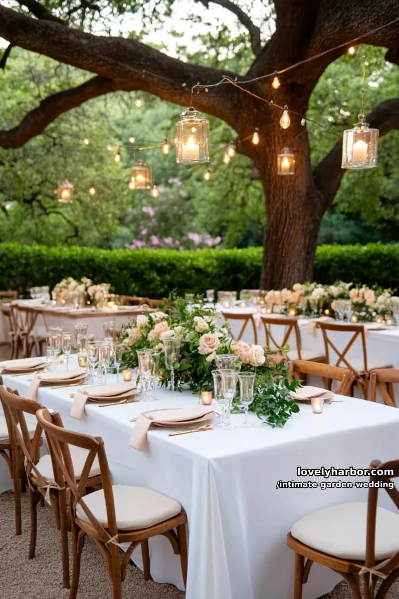 reception tables nestled around a centuries-old tree adorned with hanging lanterns 1