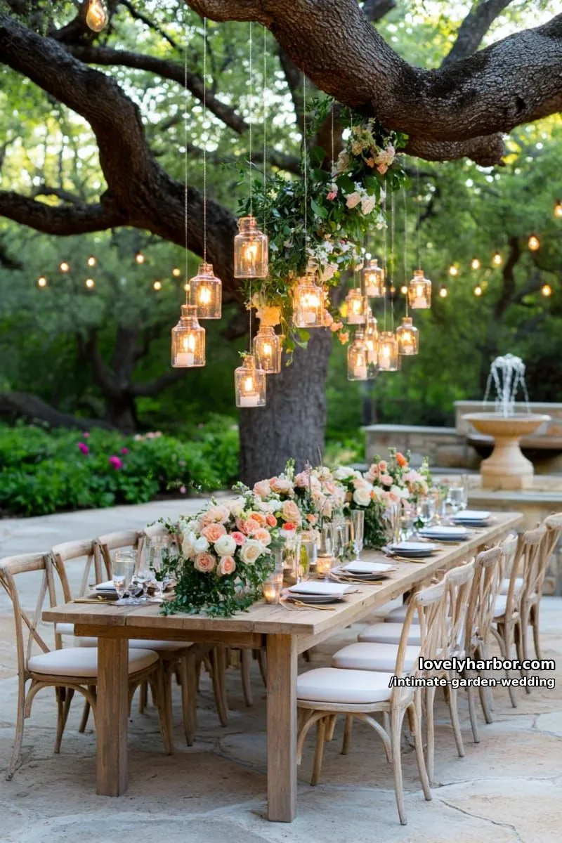 reception tables nestled around a centuries-old tree adorned with hanging lanterns 1