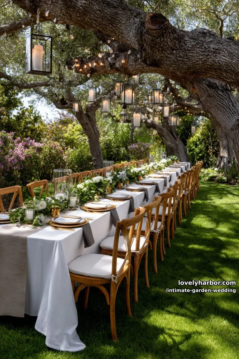 reception tables nestled around a centuries-old tree adorned with hanging lanterns 1
