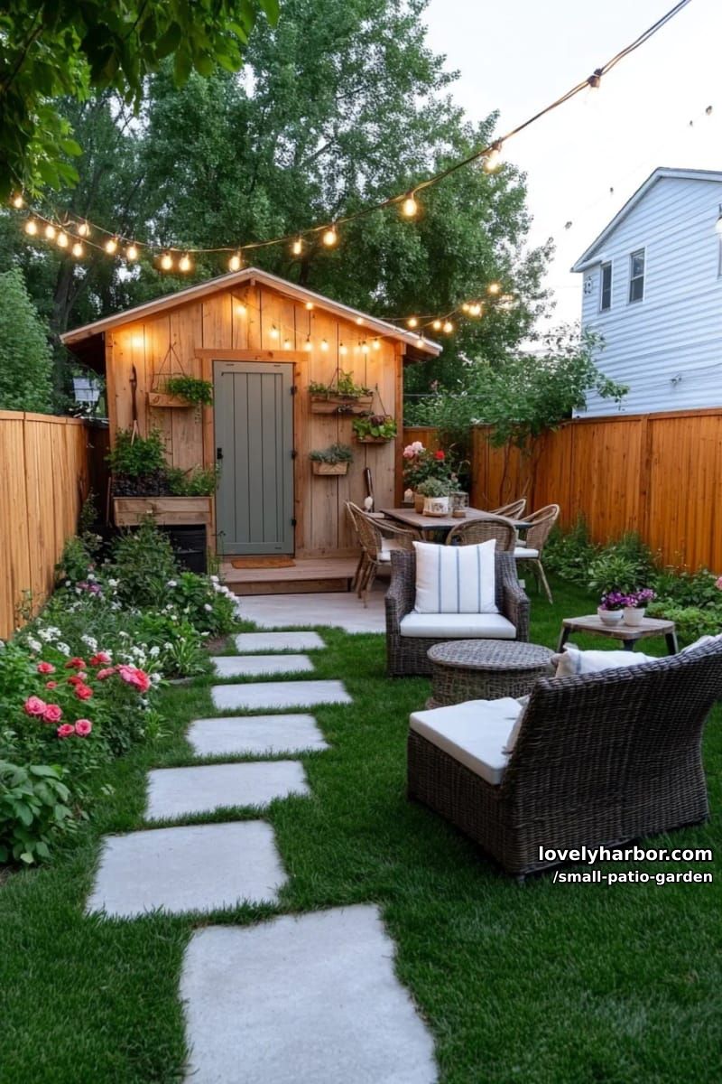 rectangular backyard with patchy lawn, concrete paving, shed, and tall fences. 1
