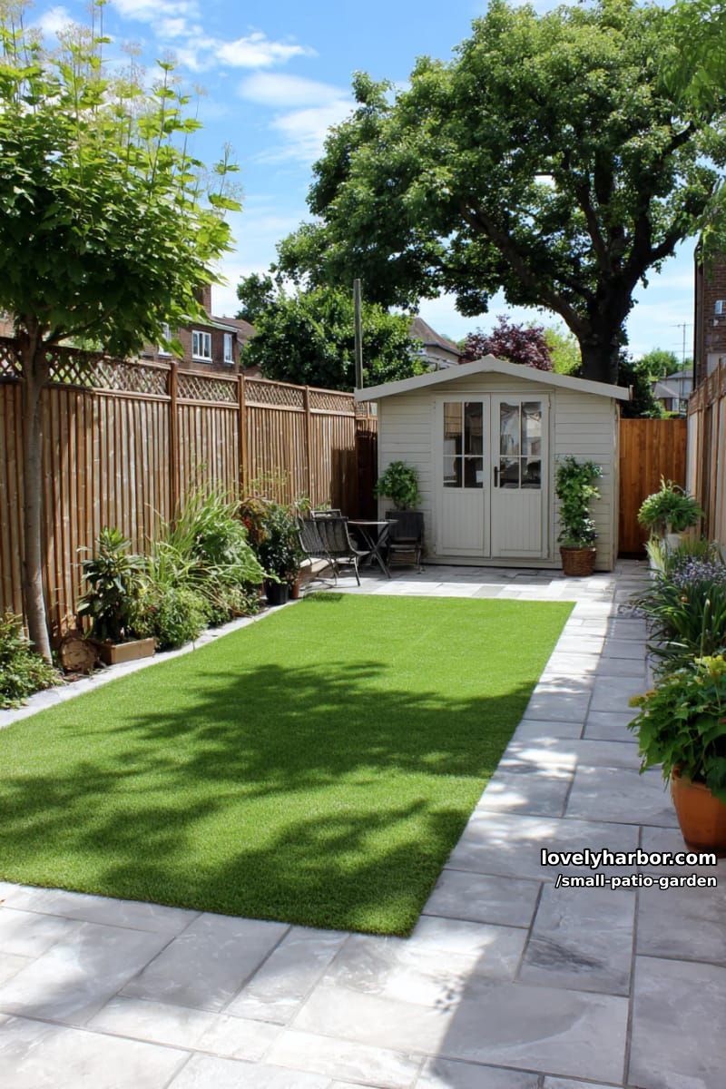 rectangular backyard with patchy lawn, concrete paving, shed, and tall fences. 1