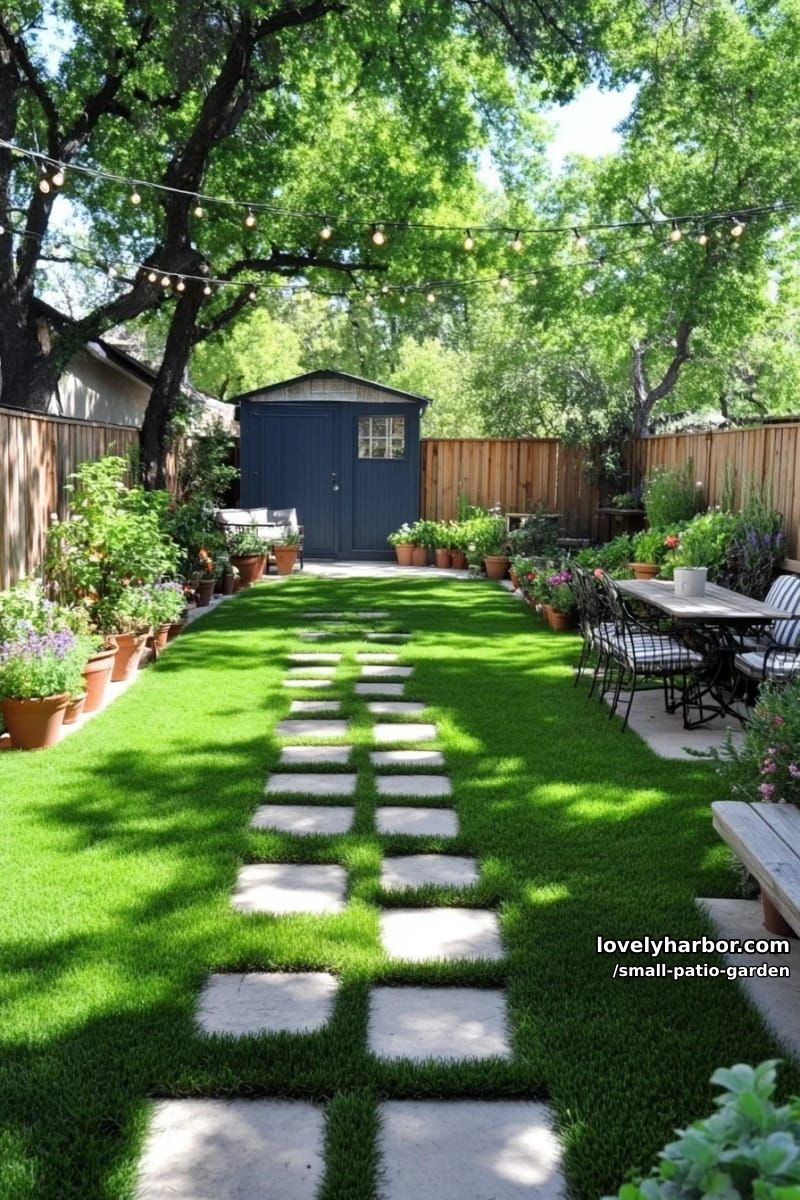 rectangular backyard with patchy lawn, concrete paving, shed, and tall fences. 1