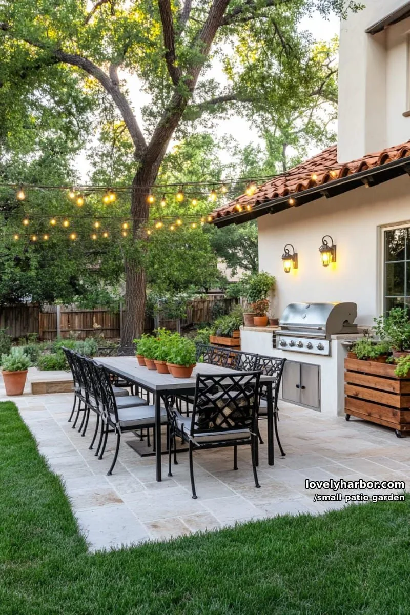 rectangular patio with light pavers, metal dining set, grills, and overgrown grass. 1